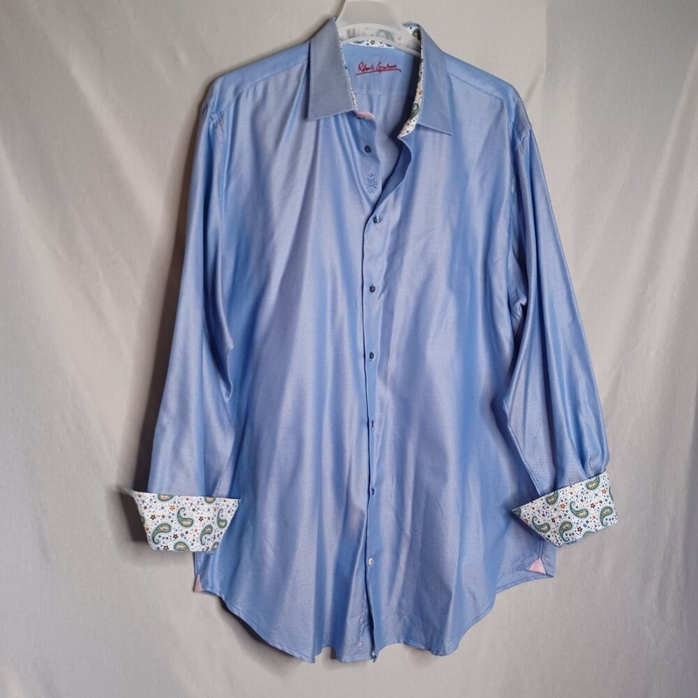 Robert Graham Shirt Mens 47(38/39)Tall SkyBlue Herringbone Long Sleeve Flip Cuff